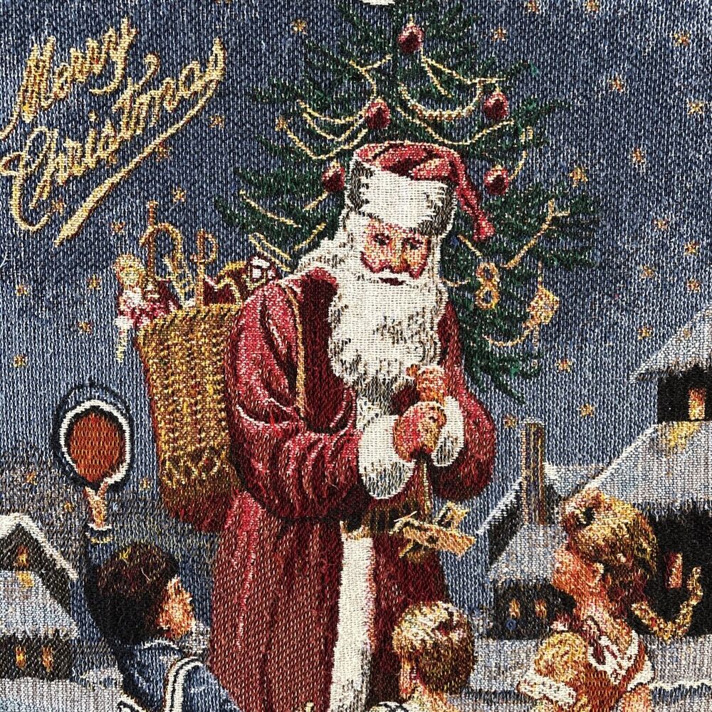 Hmk Woven Tapestry Throw Blanket Christmas Holiday Santa Victorian 42x50 Vintage